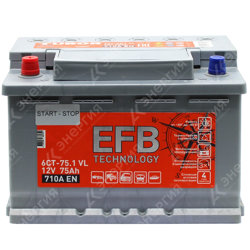 Изображение 1 товара Аккумулятор автомобильный 12В 75Ач TUBOR EFB прямой полярности